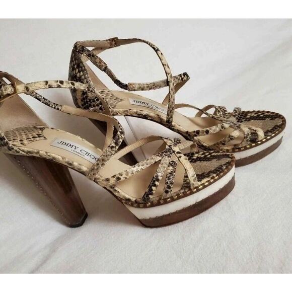 Jimmy Choo Python Print London Tone Block Heel Sandals Women's Size 39.5 Classic - Picture 10 of 12